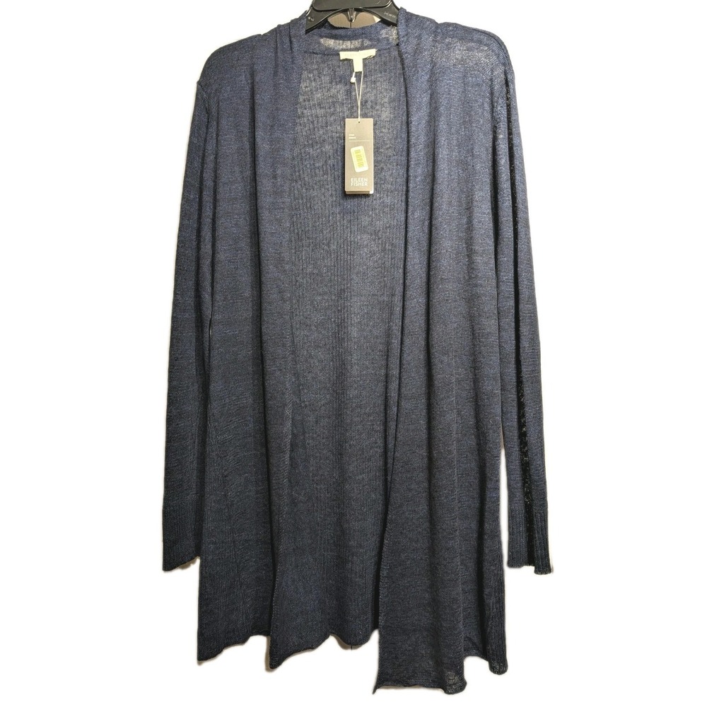 Eileen Fisher Sweater Cardigan Womens M Blue Linen V Neck Open Knit Longline NWT